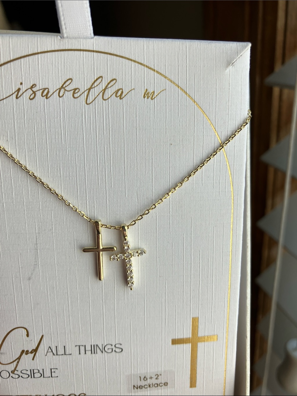 Abella Gold Double Cross Pendant Necklace with CZ Accent! Beautiful TWO crosses